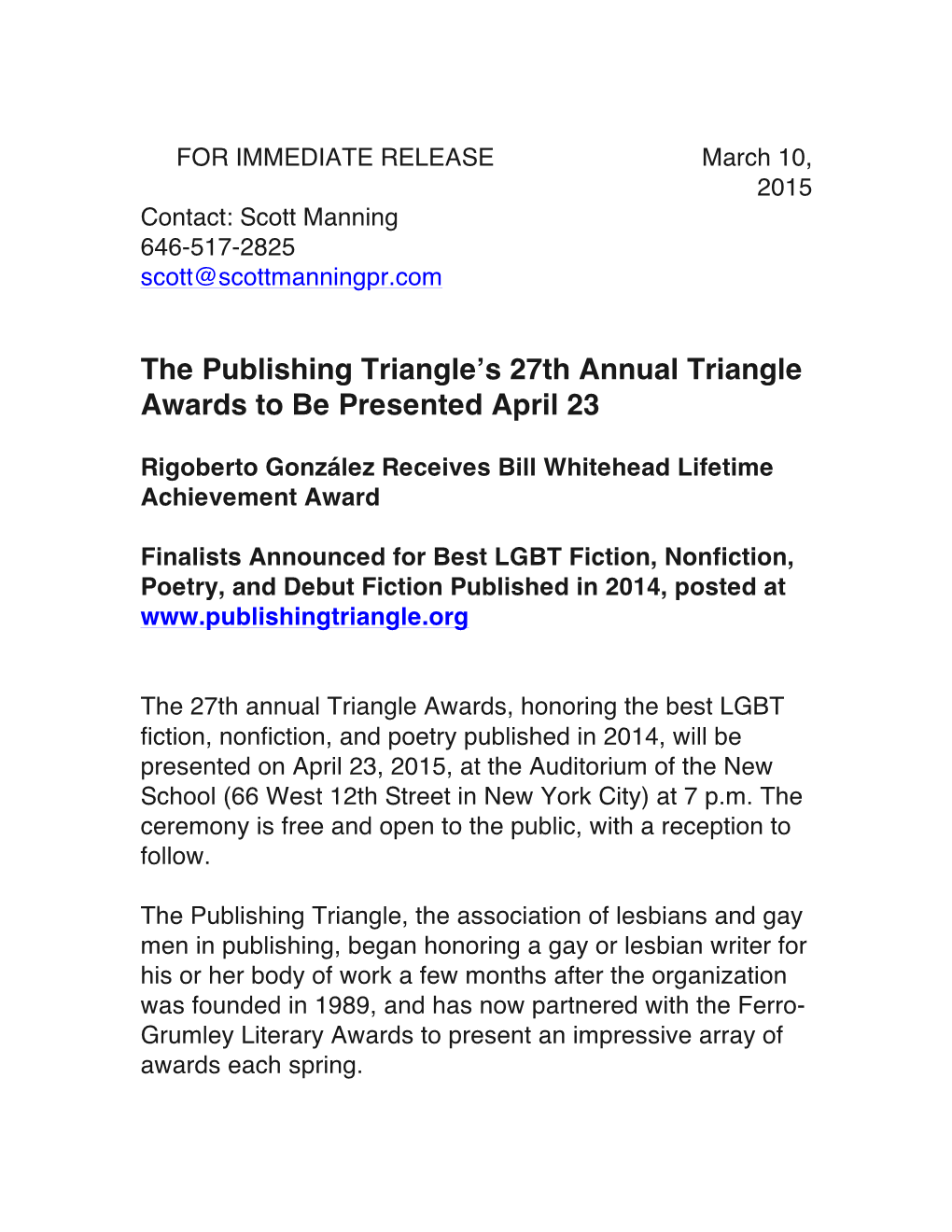 The Publishing Triangle's 27Th Annual Triangle Awards to Be Presented