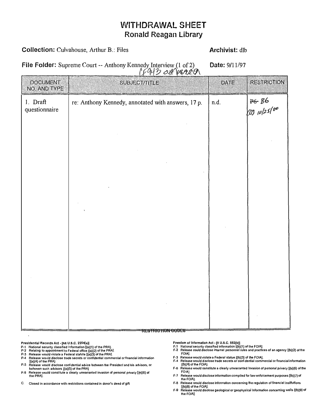 Documents Relating to the Nomination of Anthony Kennedy To