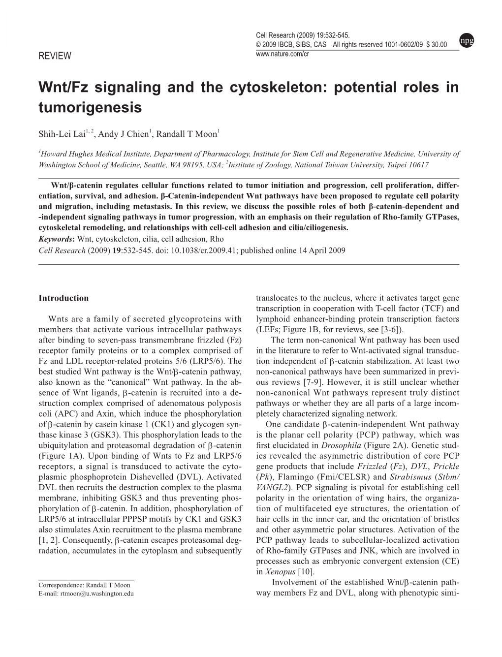 Wnt/Fz Signaling and the Cytoskeleton: Potential Roles in Tumorigenesis