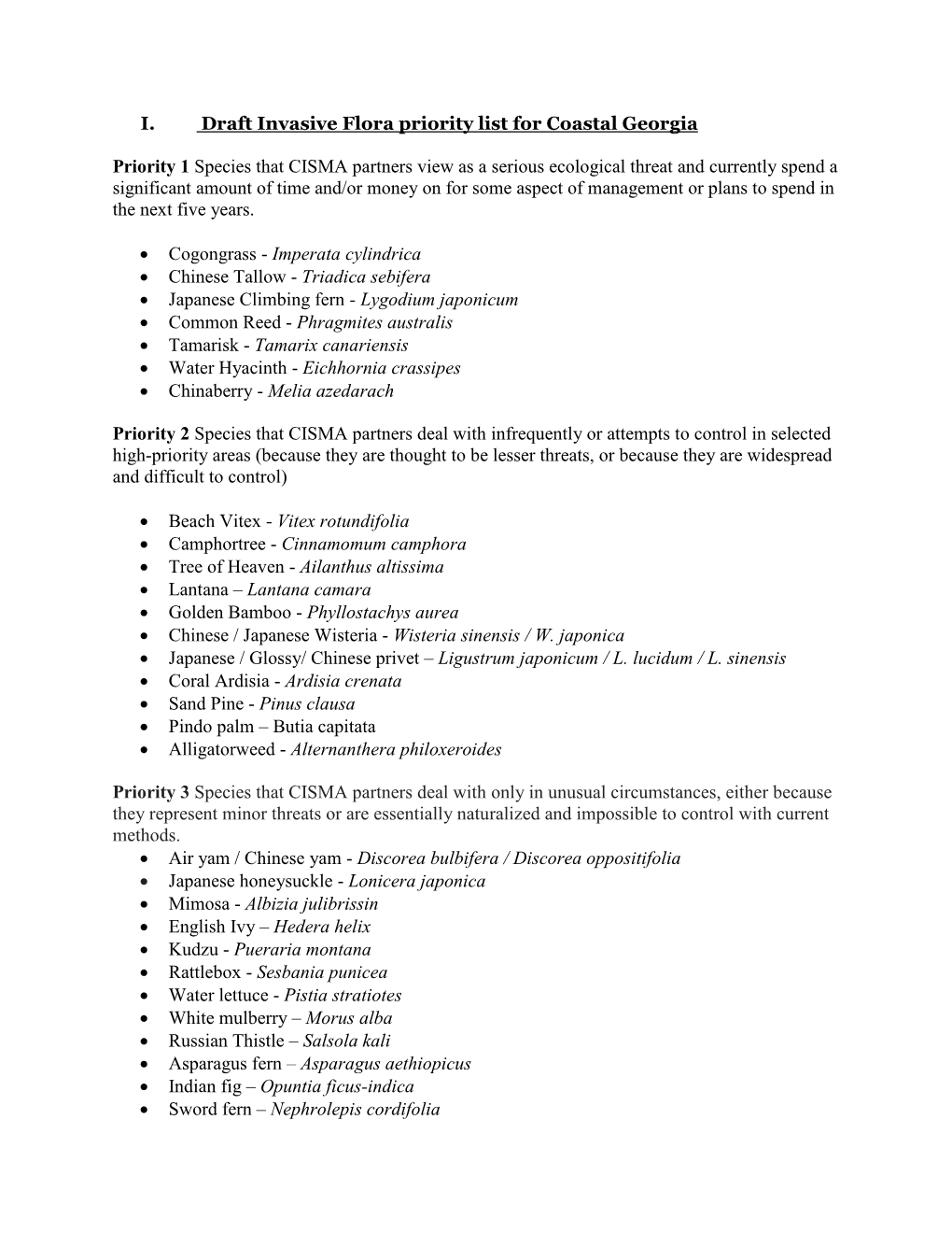 I. Draft Invasive Flora Priority List for Coastal Georgia Priority 1 Species