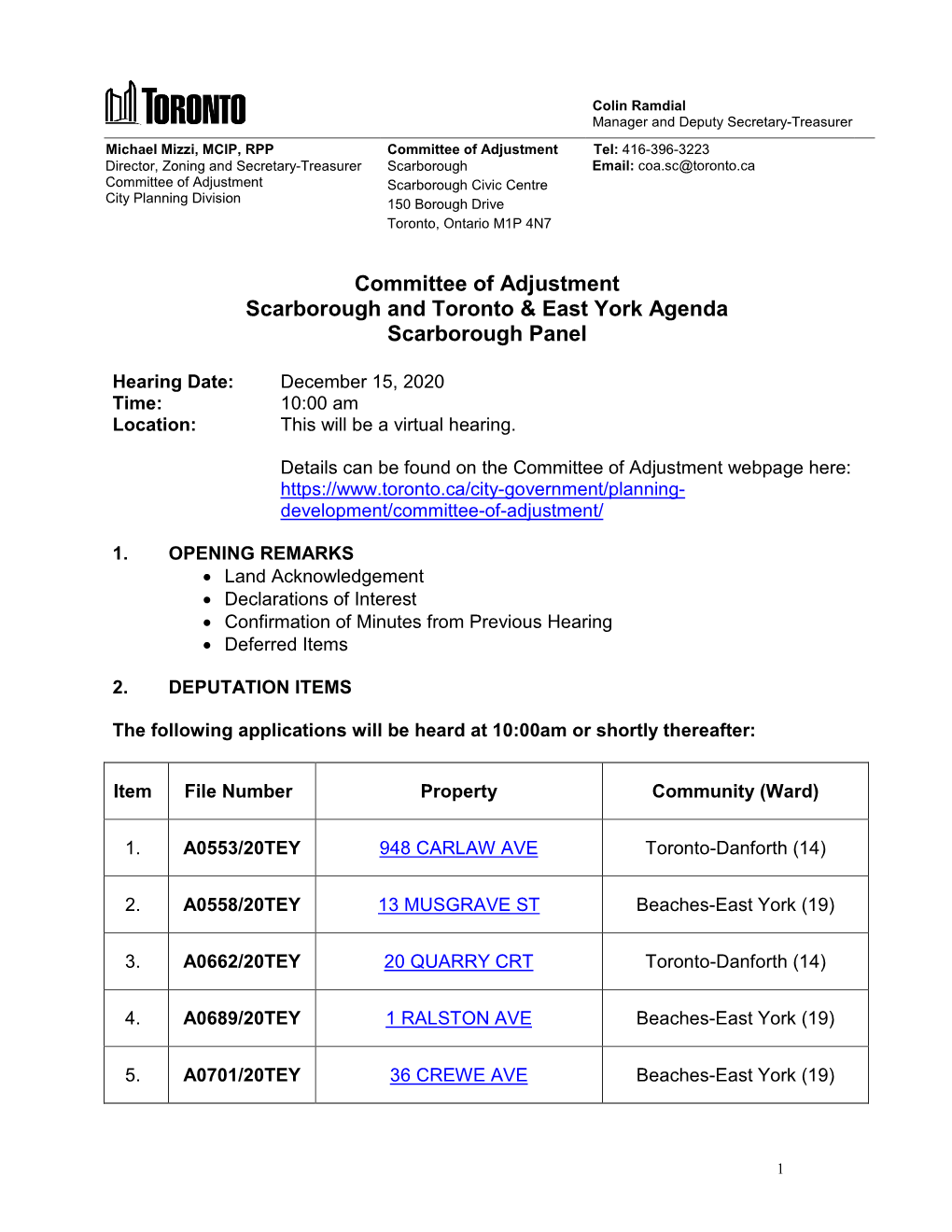 Committee of Adjustment Scarborough, Hearing Agenda