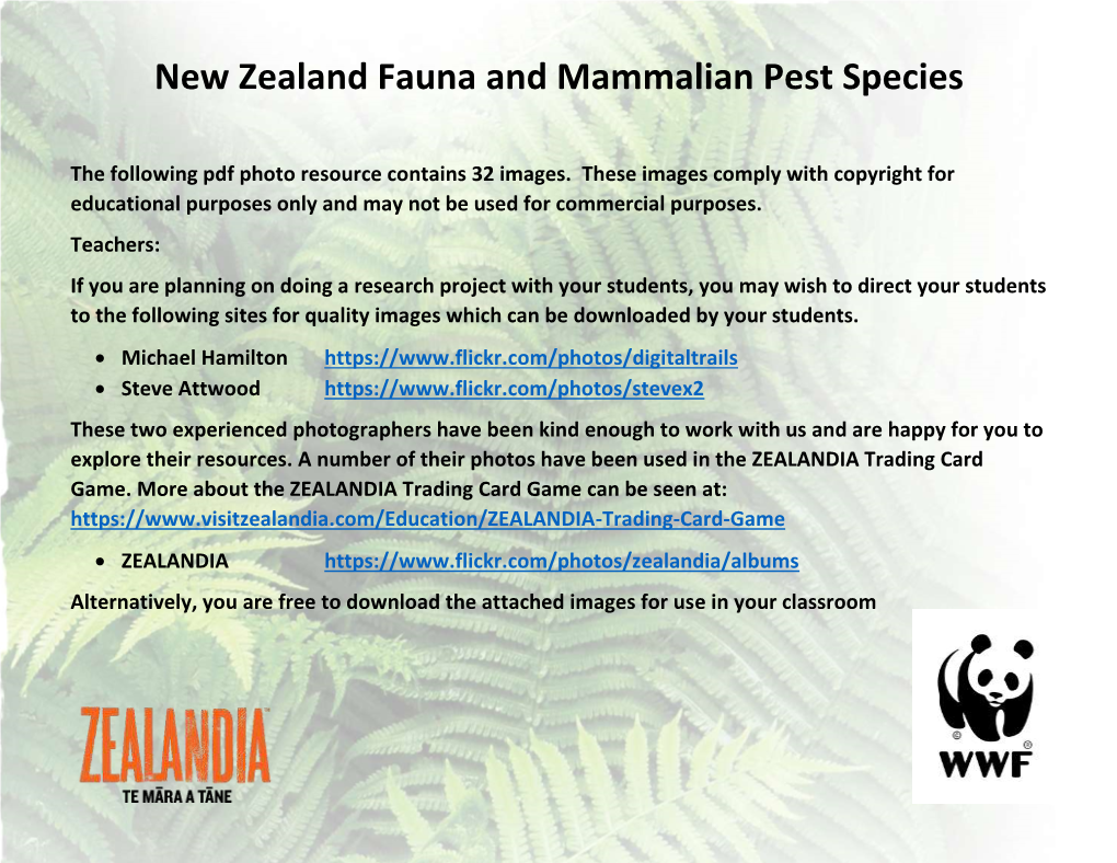 New Zealand Fauna and Mammalian Pest Species