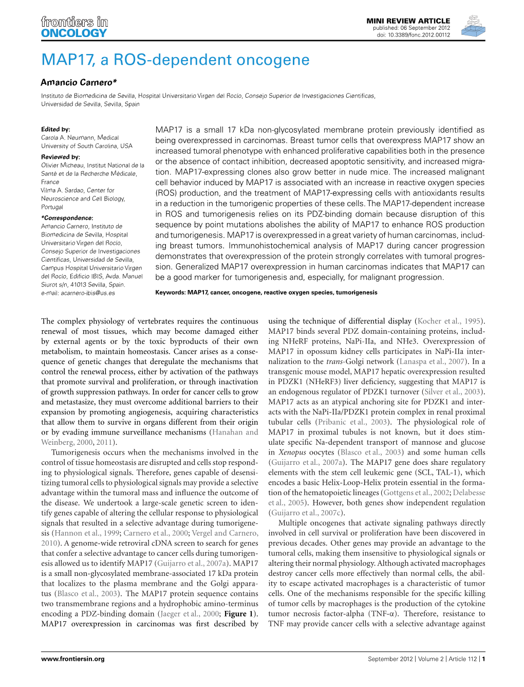 MAP17, a ROS-Dependent Oncogene