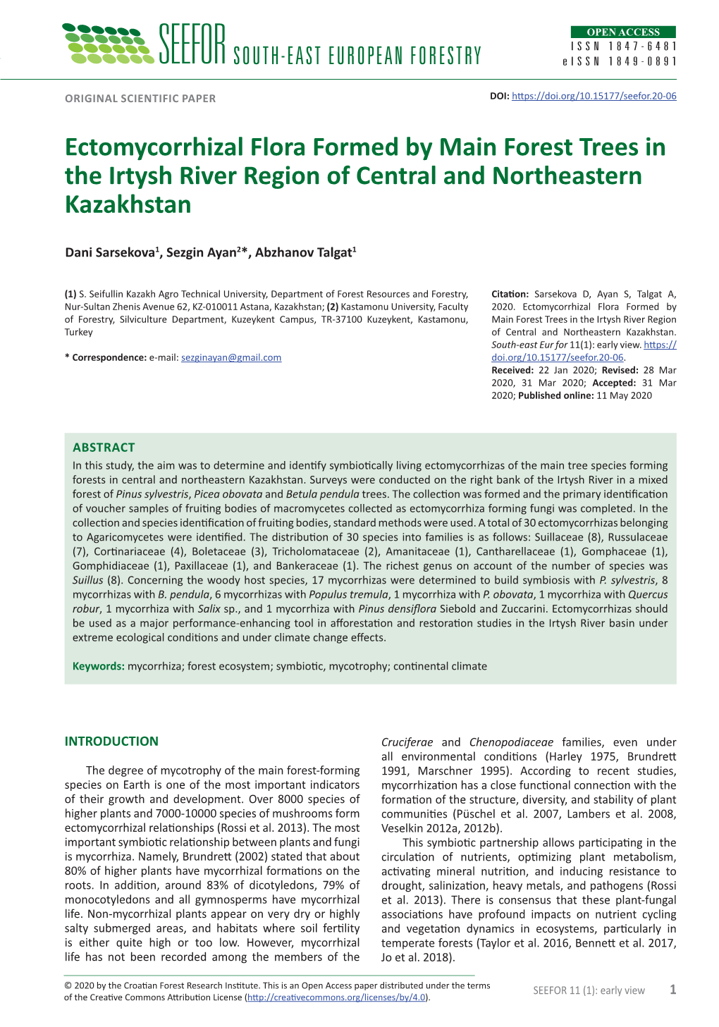 Ectomycorrhizal Flora Formed by Main Forest Trees in the Irtysh River Region of Central and Northeastern Kazakhstan