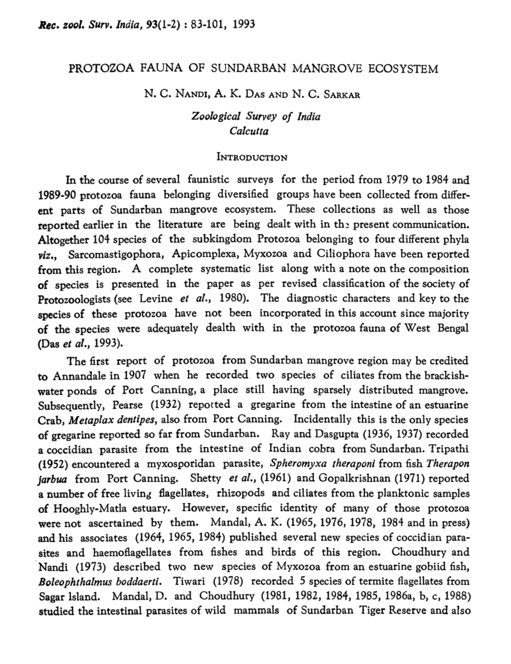 Protozoa Fauna of Sundarban Mangrove Ecosystem