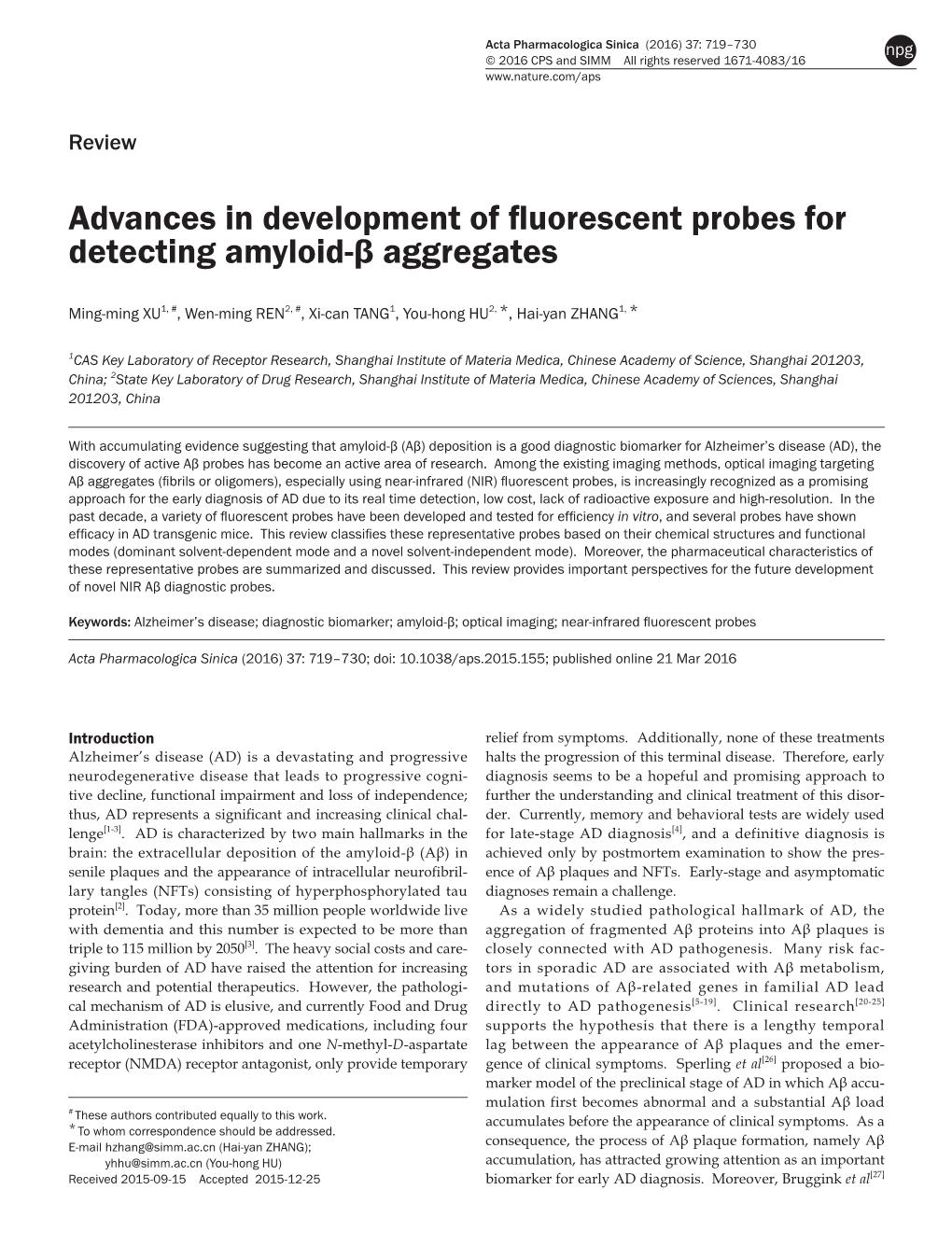 Advances in Development of Fluorescent Probes for Detecting Amyloid-Β Aggregates
