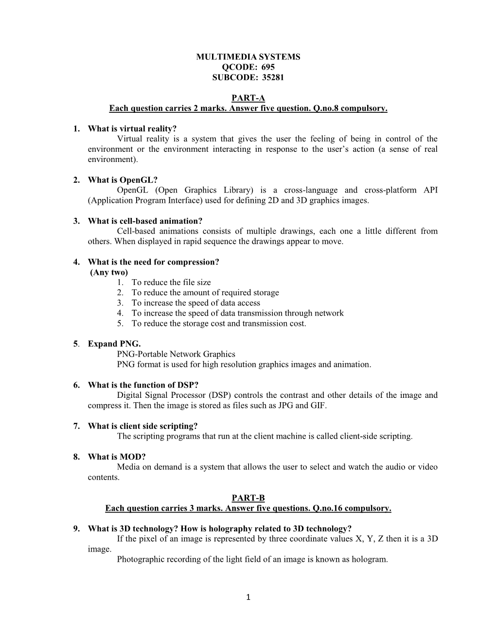 1 Multimedia Systems Qcode: 695 Subcode