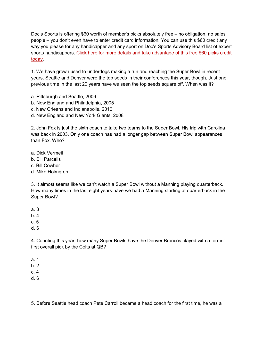 A Printable PDF of Doc's Sports Super Bowl Trivia Questions And