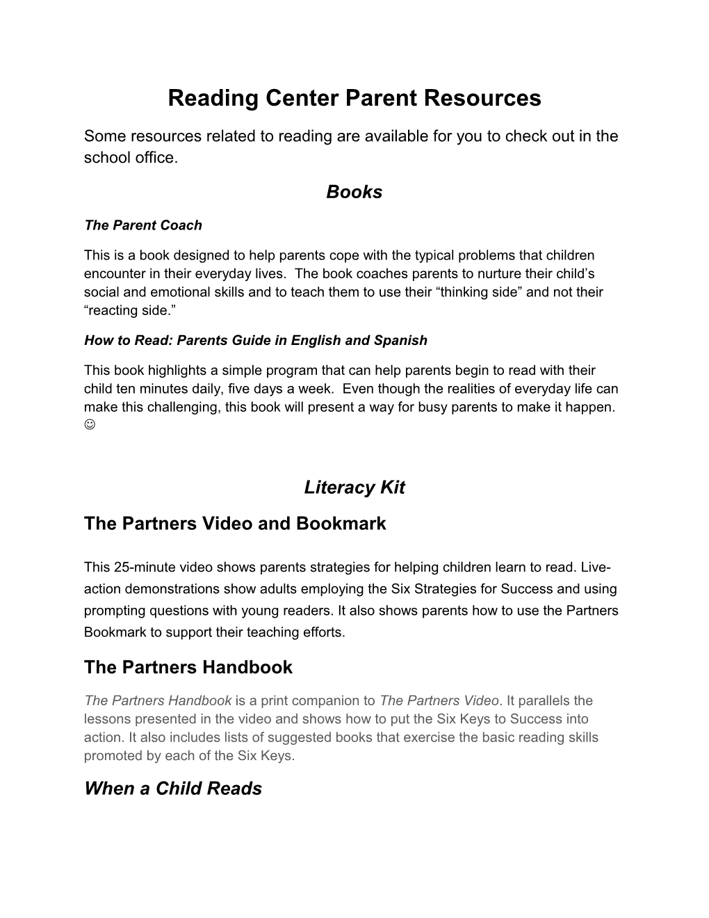 Reading Center Parent Resources