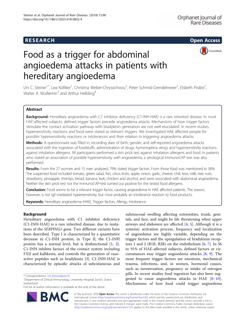 Food As a Trigger for Abdominal Angioedema Attacks in Patients with Hereditary Angioedema Urs C