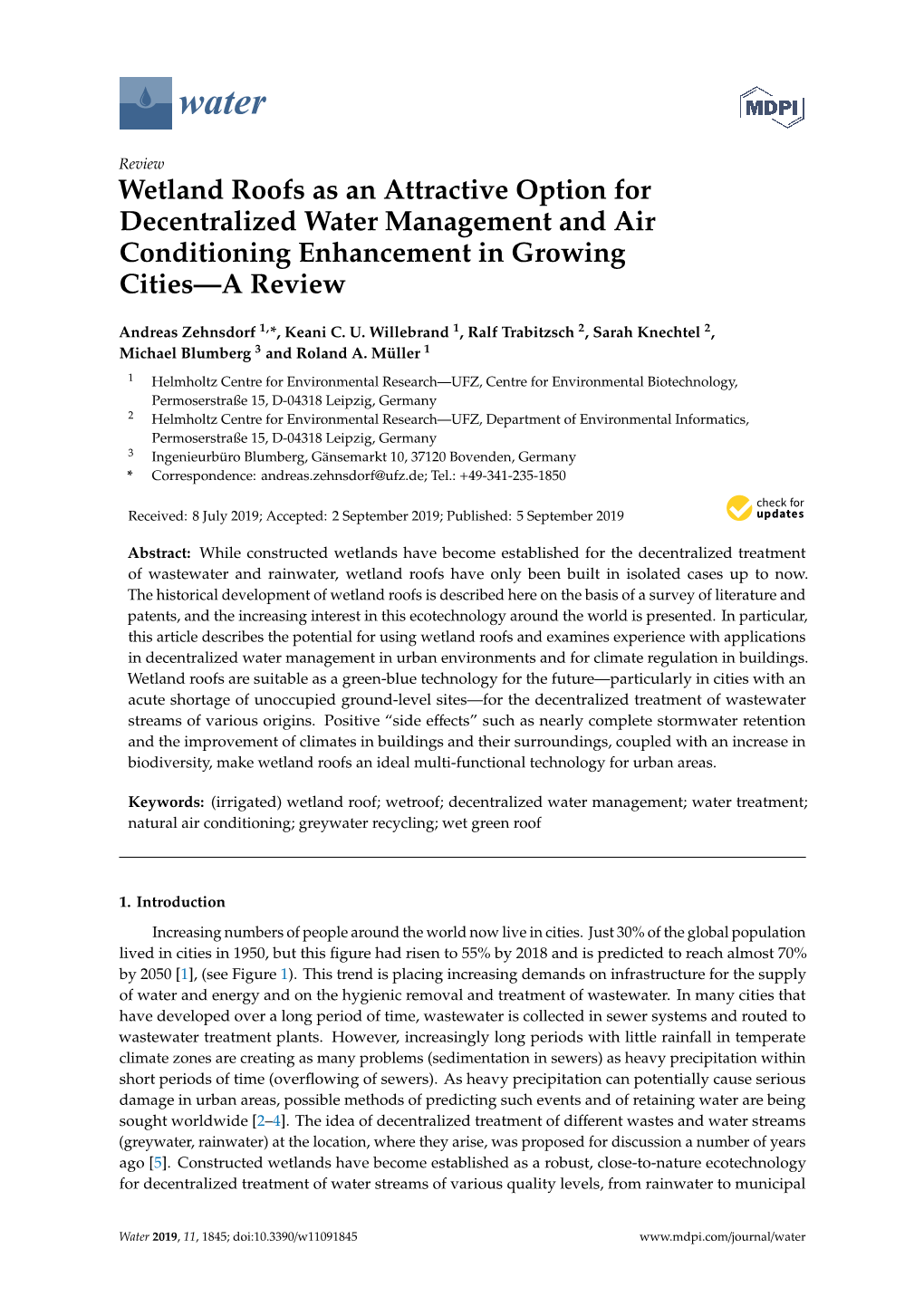 Wetland Roofs As an Attractive Option for Decentralized Water Management and Air Conditioning Enhancement in Growing Cities—A Review