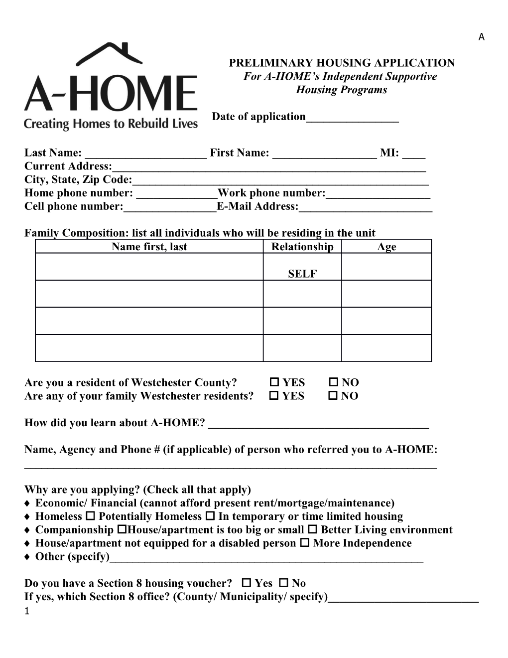 Preliminary Housing Application