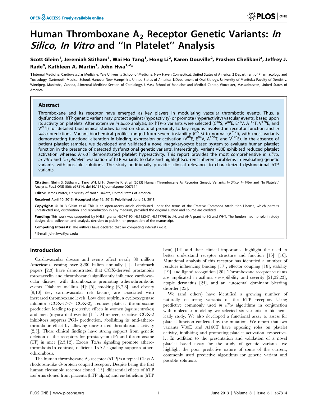 Human Thromboxane A2 Receptor Genetic Variants: in Silico, in Vitro and ‘‘In Platelet’’ Analysis