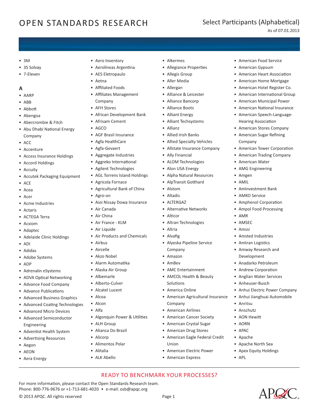 OPEN STANDARDS RESEARCH Select Par� Cipants (Alphabe� Cal) As of 07.01.2013