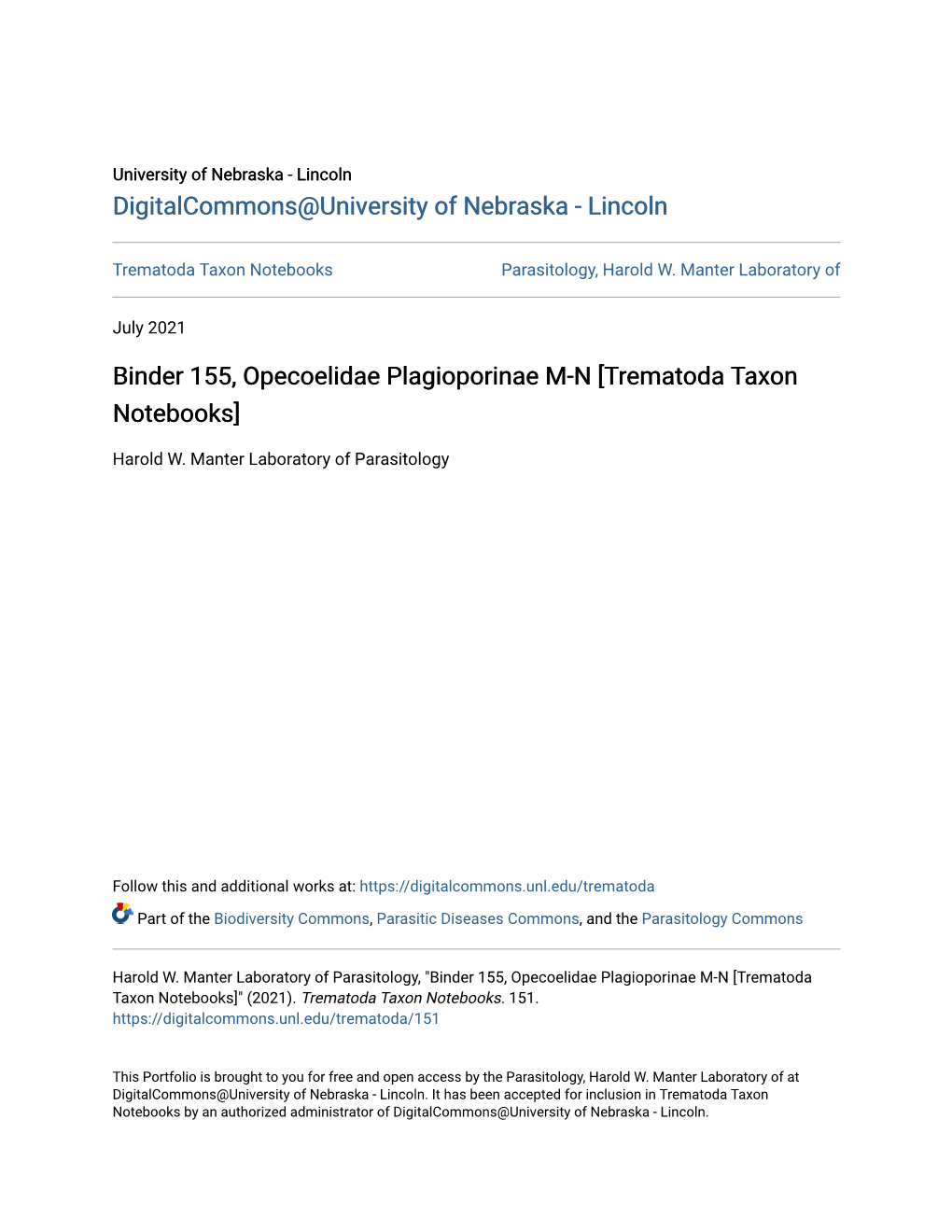 Binder 155, Opecoelidae Plagioporinae M-N [Trematoda Taxon Notebooks]