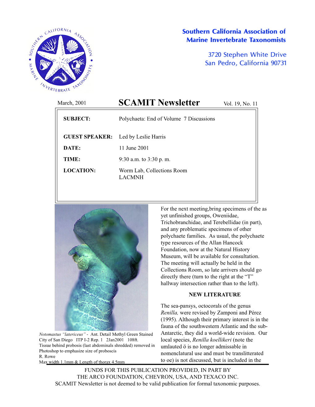 SCAMIT Newsletter Vol. 19 No. 11 2001 March