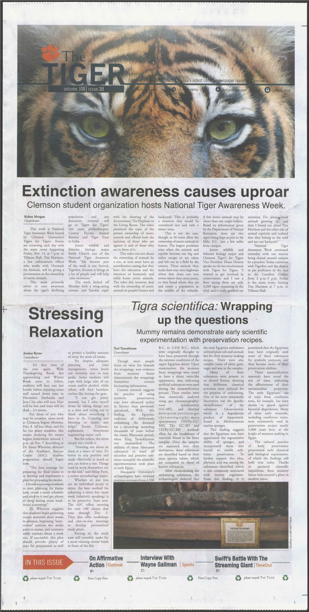 Extinction Awareness Causes Uproar Clemson Student Organization Hosts National Tiger Awareness Week