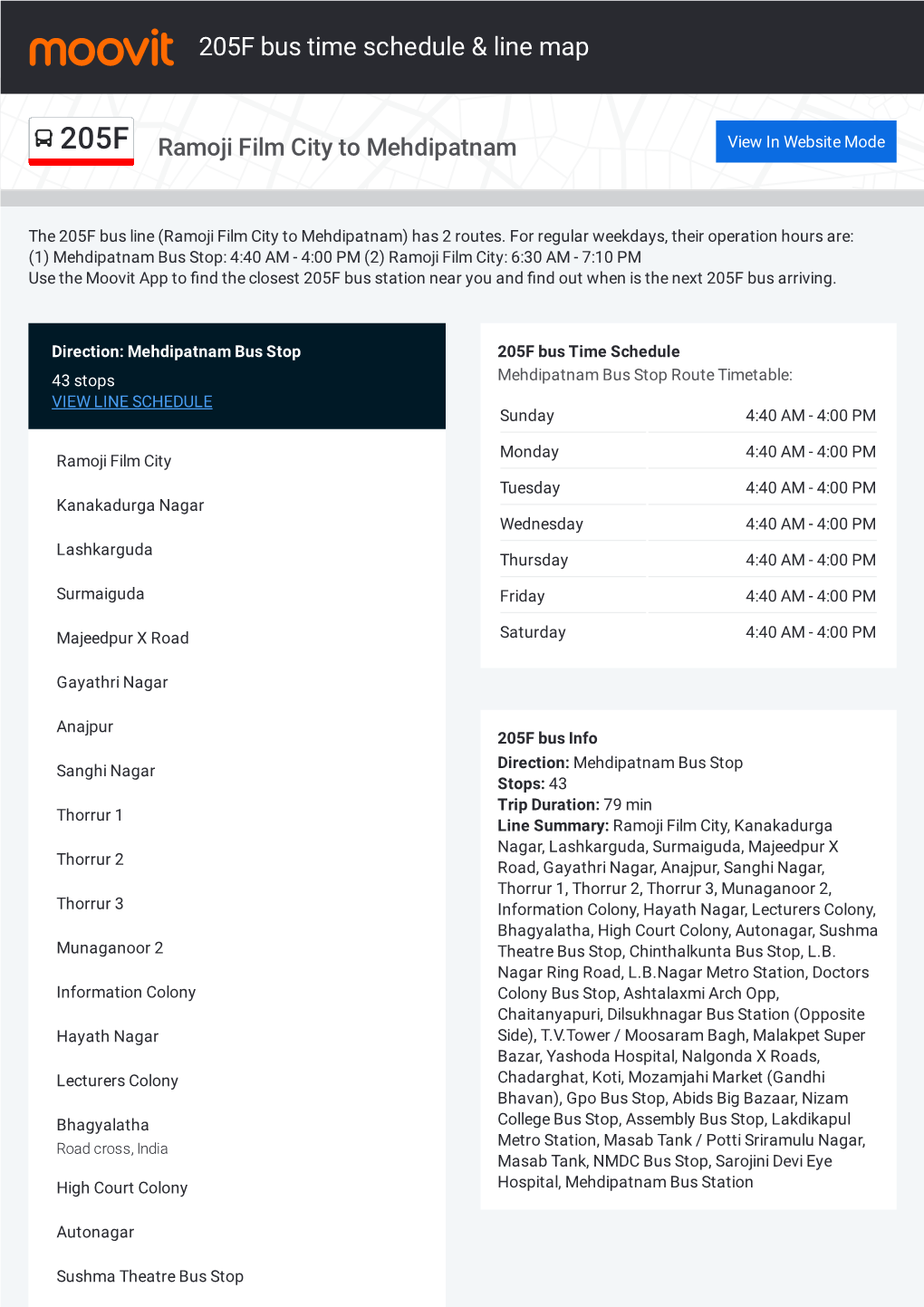 205F Bus Time Schedule & Line Route