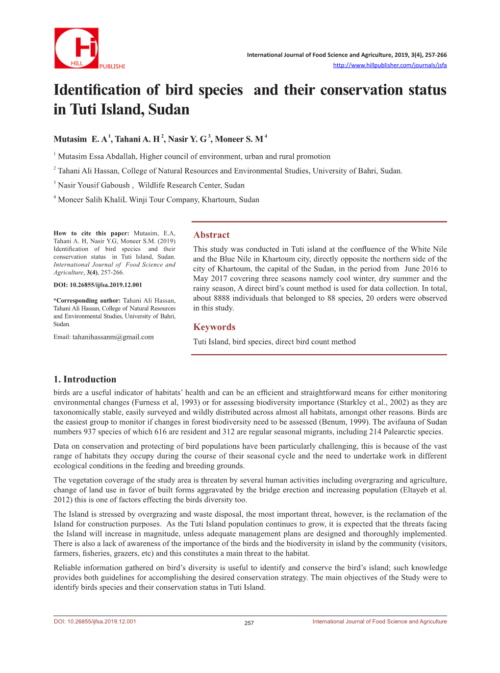Identification of Bird Species and Their Conservation Status in Tuti Island, Sudan