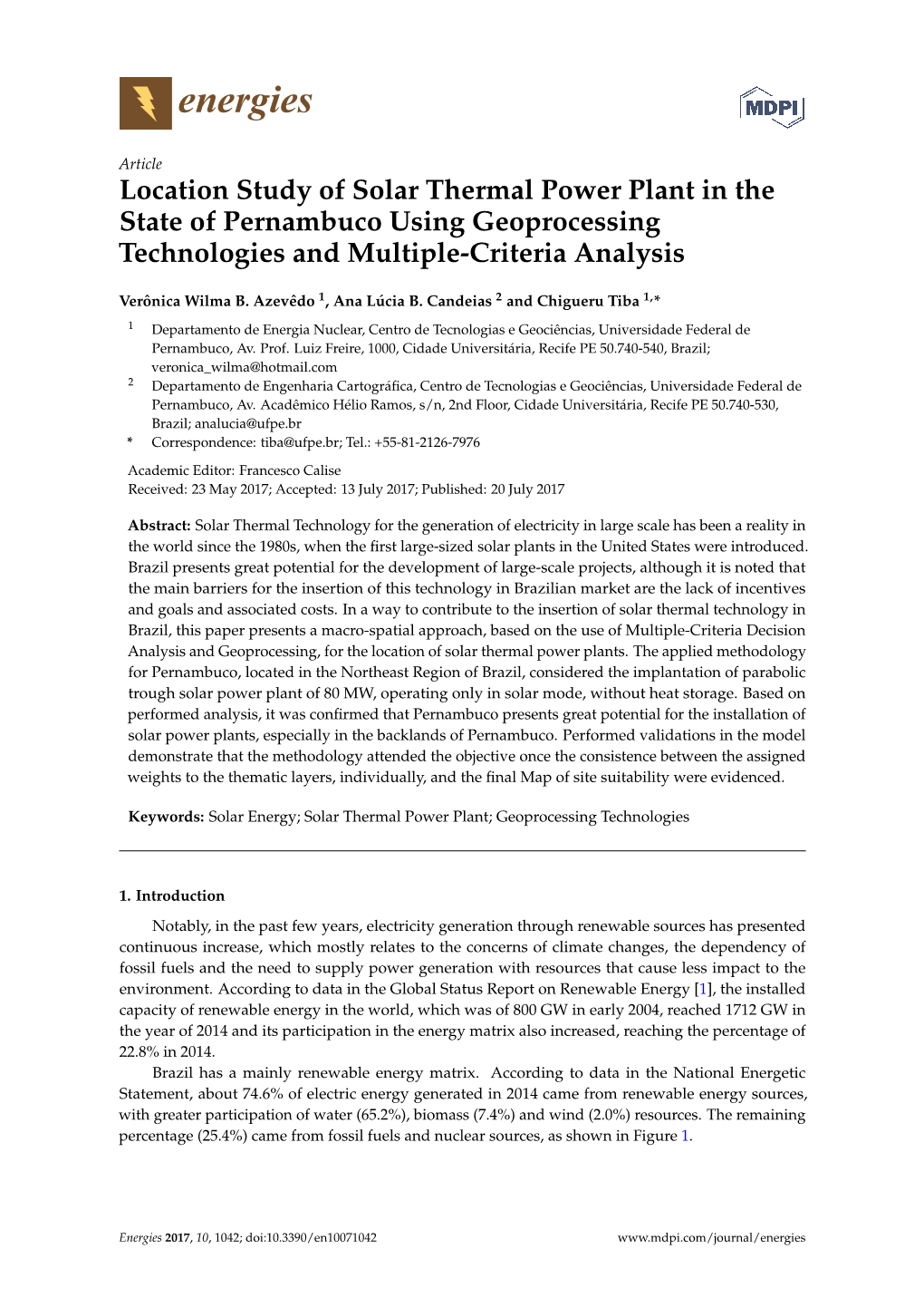 Location Study of Solar Thermal Power Plant in the State of Pernambuco Using Geoprocessing Technologies and Multiple-Criteria Analysis