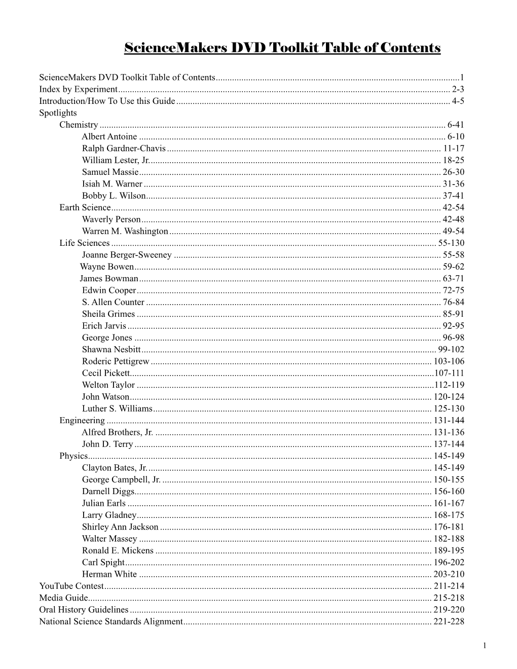 Sciencemakers DVD Toolkit Table of Contents