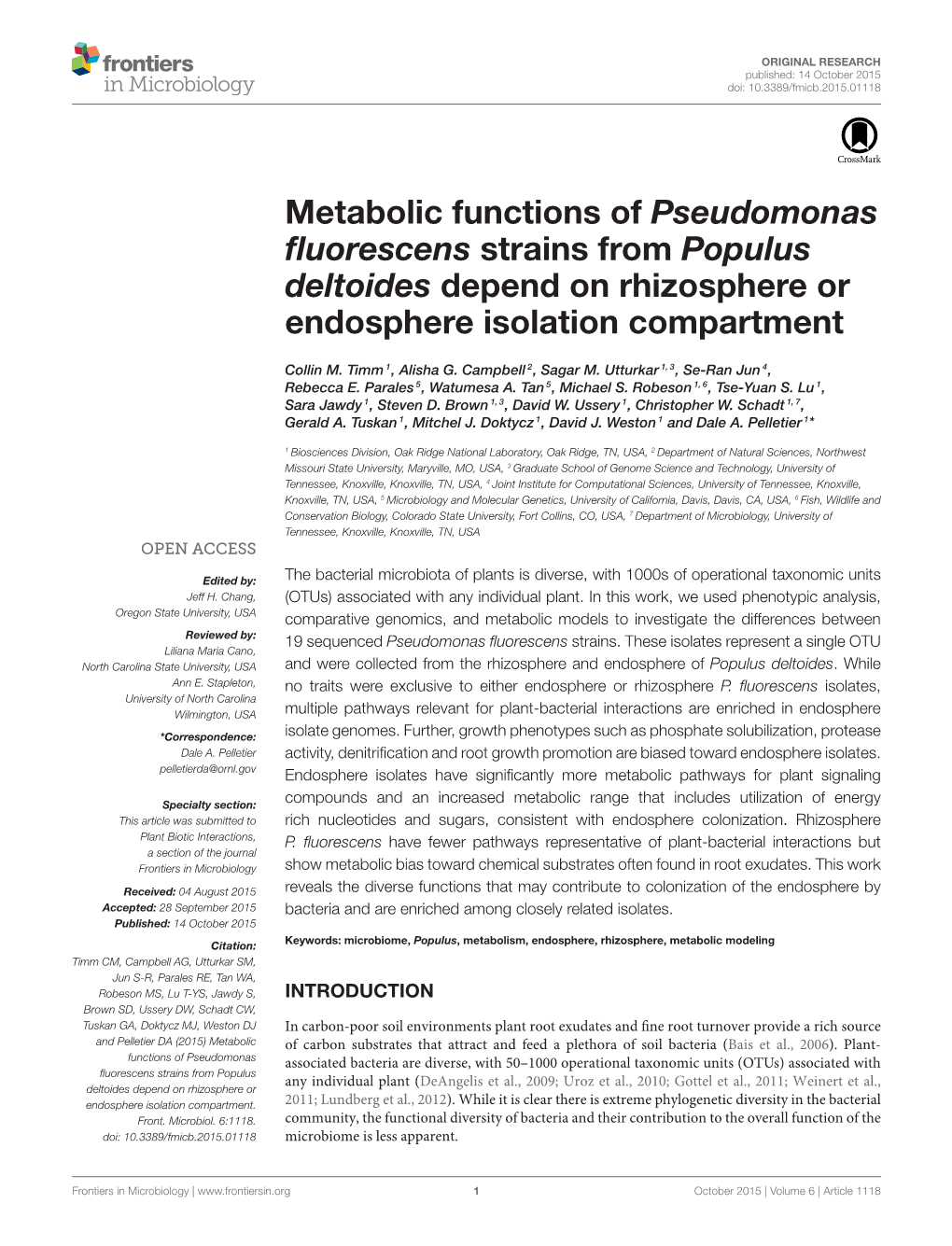 Metabolic Functions of Pseudomonas Fluorescens Strains from Populus Deltoides Depend on Rhizosphere Or Endosphere Isolation Comp