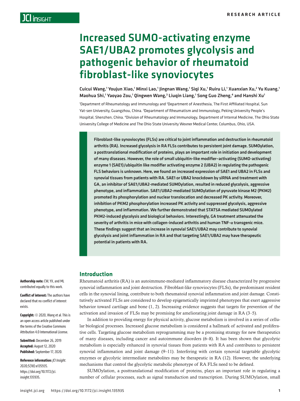 Increased SUMO-Activating Enzyme SAE1/UBA2 Promotes Glycolysis and Pathogenic Behavior of Rheumatoid Fibroblast-Like Synoviocytes