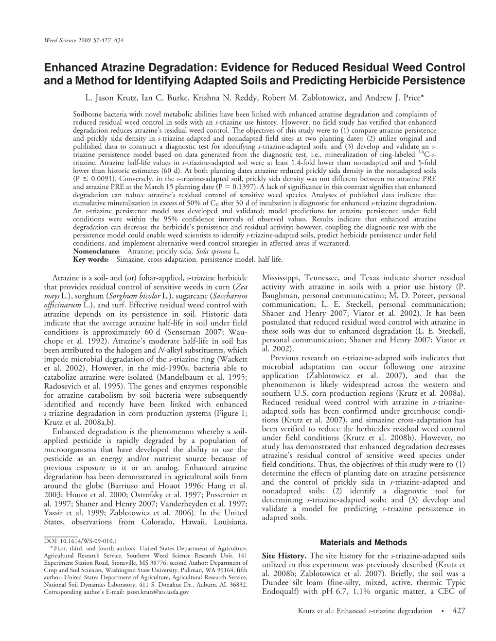 Enhanced Atrazine Degradation: Evidence for Reduced Residual Weed Control and a Method for Identifying Adapted Soils and Predicting Herbicide Persistence L