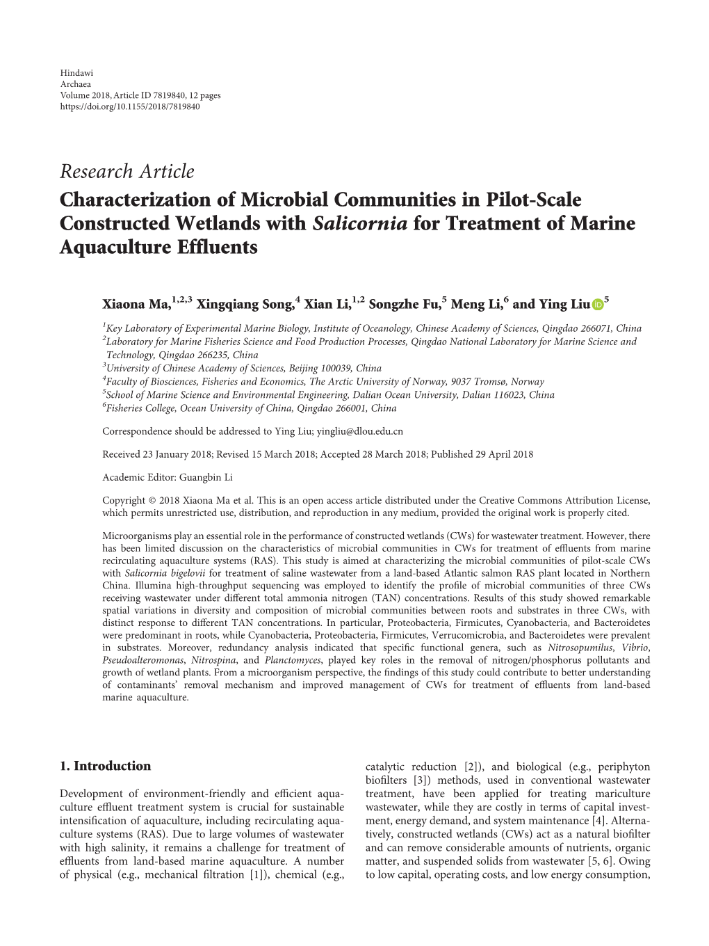 Research Article Characterization of Microbial Communities in Pilot-Scale Constructed Wetlands with Salicornia for Treatment of Marine Aquaculture Effluents
