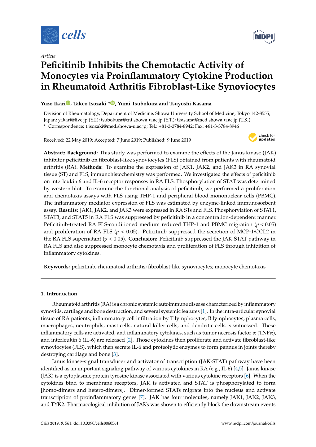 Peficitinib Inhibits the Chemotactic Activity of Monocytes Via