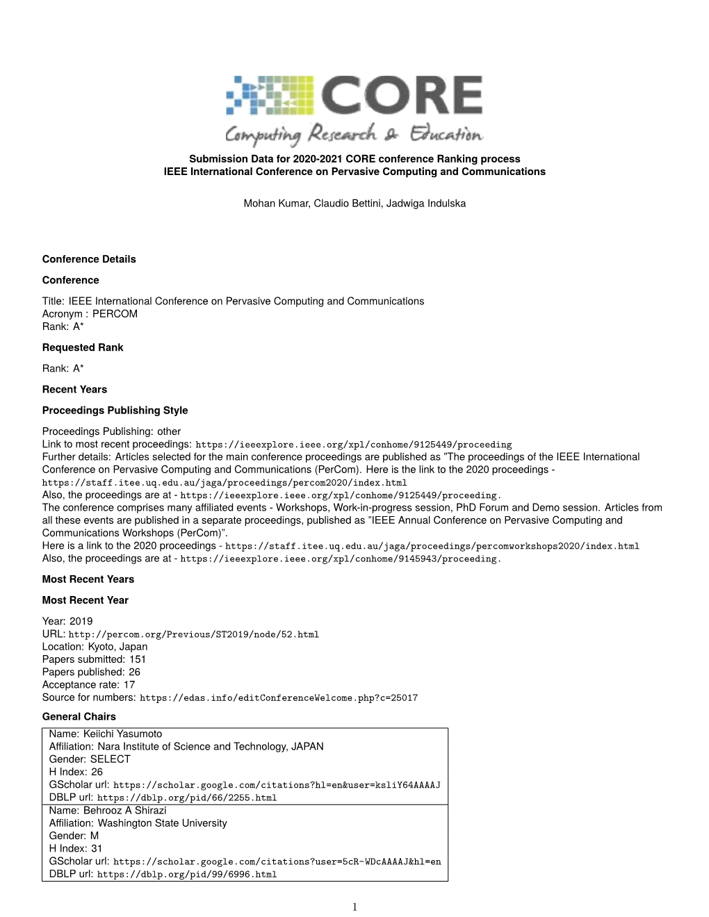 Submission Data for 2020-2021 CORE Conference Ranking Process IEEE International Conference on Pervasive Computing and Communications