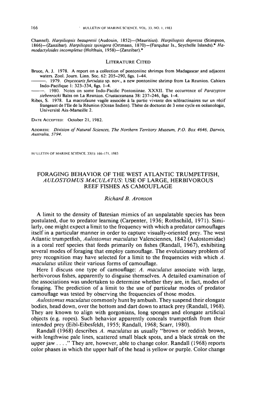 Foraging Behavior of the West Atlantic Trumpetfish, <I