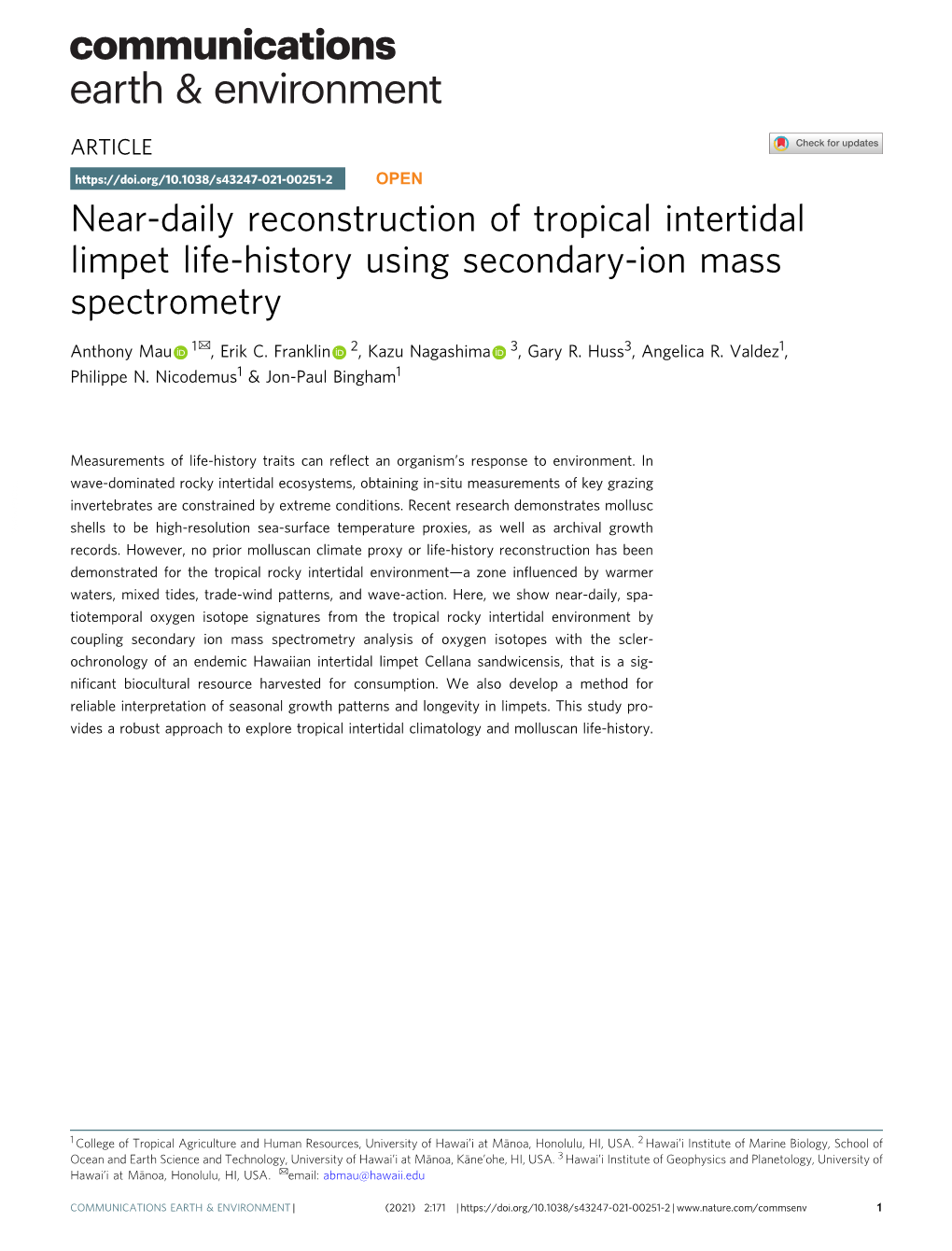 Near-Daily Reconstruction of Tropical Intertidal Limpet Life-History Using Secondary-Ion Mass Spectrometry ✉ Anthony Mau 1 , Erik C