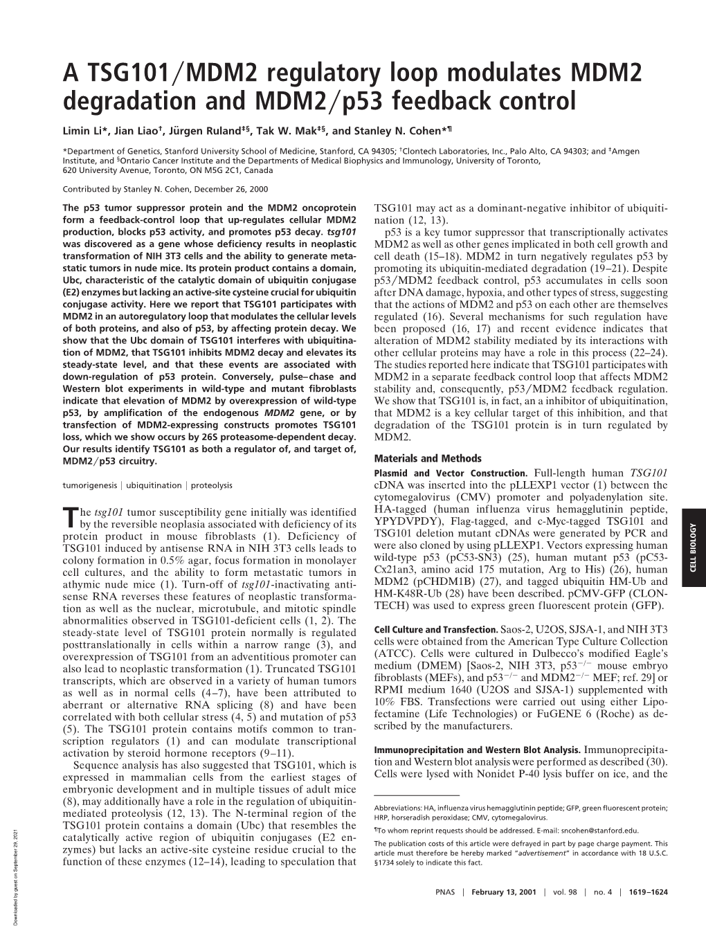 A TSG101 MDM2 Regulatory Loop Modulates MDM2 Degradation And