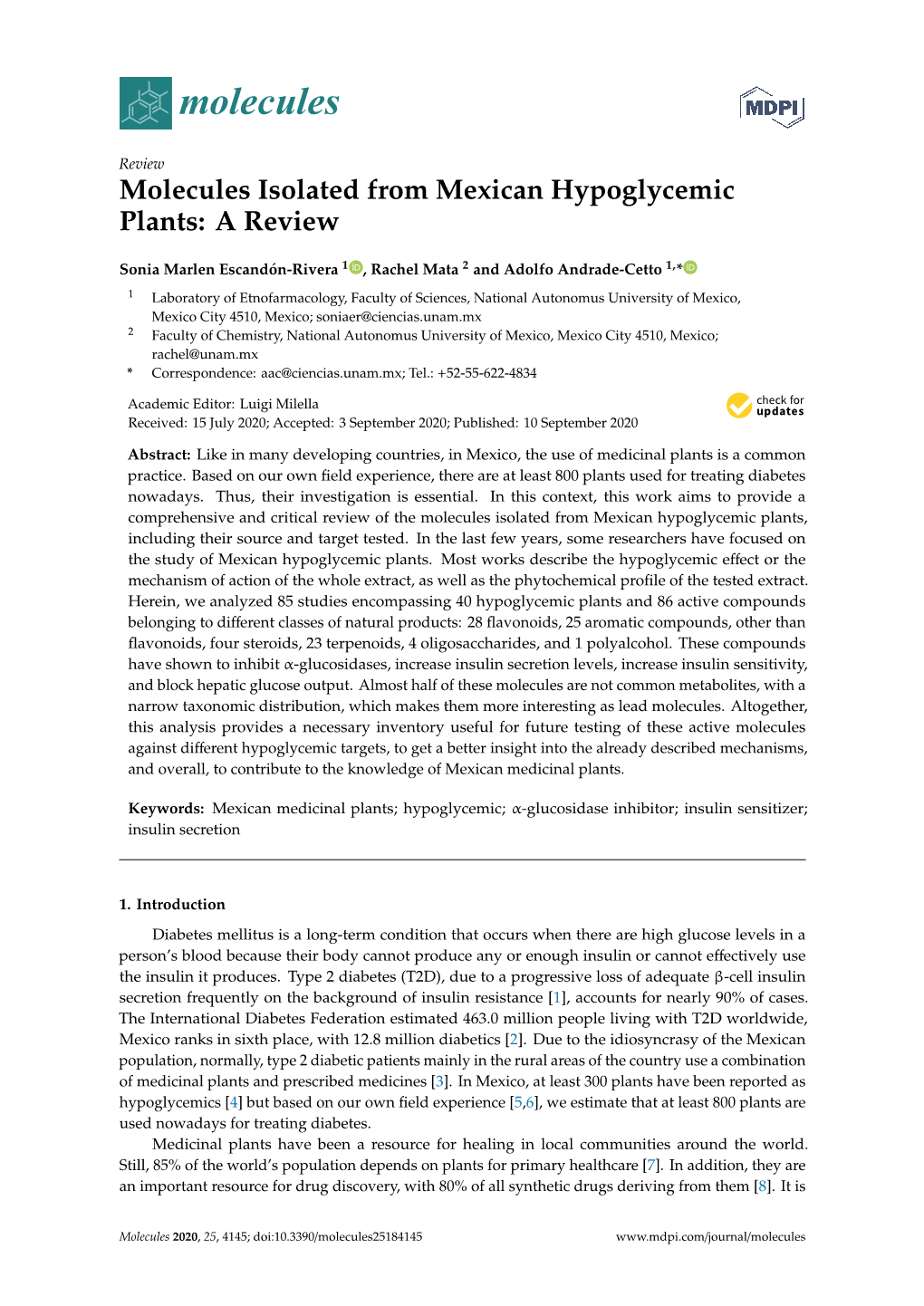 Molecules Isolated from Mexican Hypoglycemic Plants: a Review