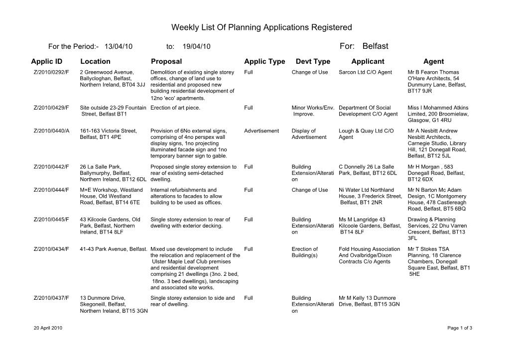 Weekly List of Planning Applications Registered