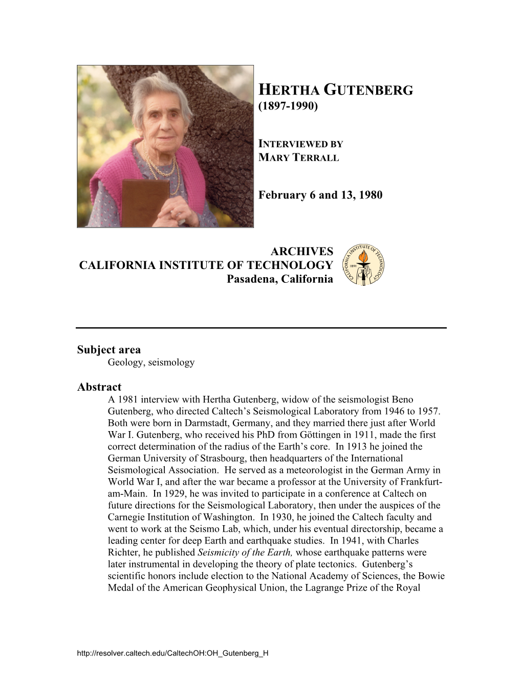 Interview with Hertha Gutenberg, Widow of the Seismologist Beno Gutenberg, Who Directed Caltech’S Seismological Laboratory from 1946 to 1957