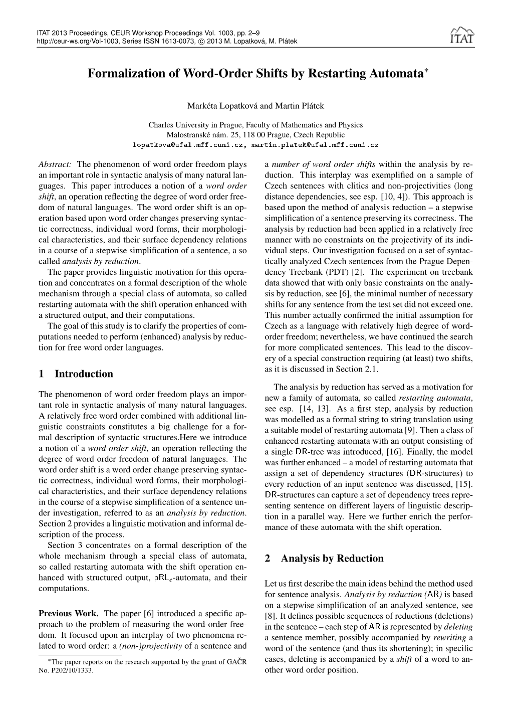 Formalization of Word-Order Shifts by Restarting Automata∗