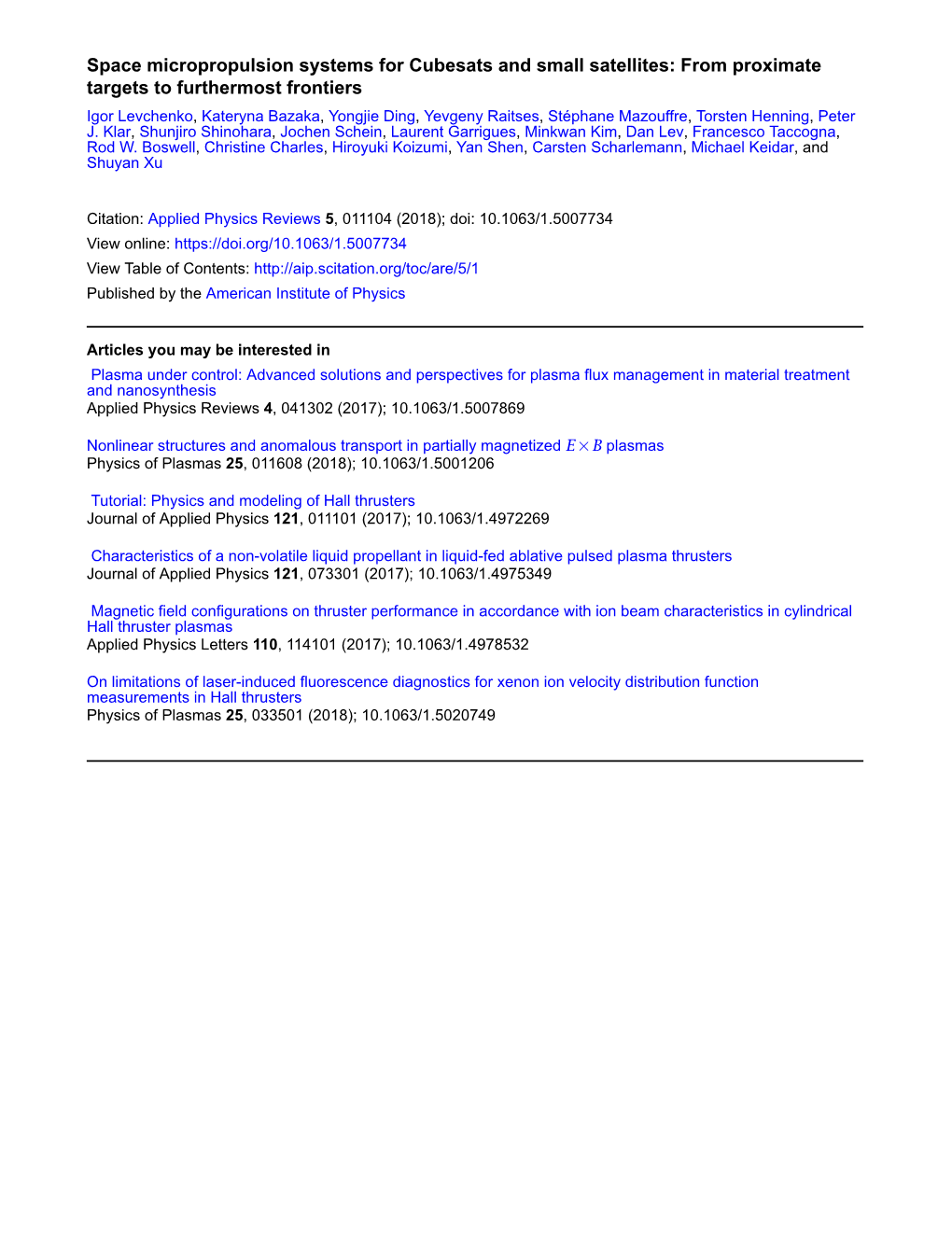 Space Micropropulsion Systems for Cubesats and Small Satellites