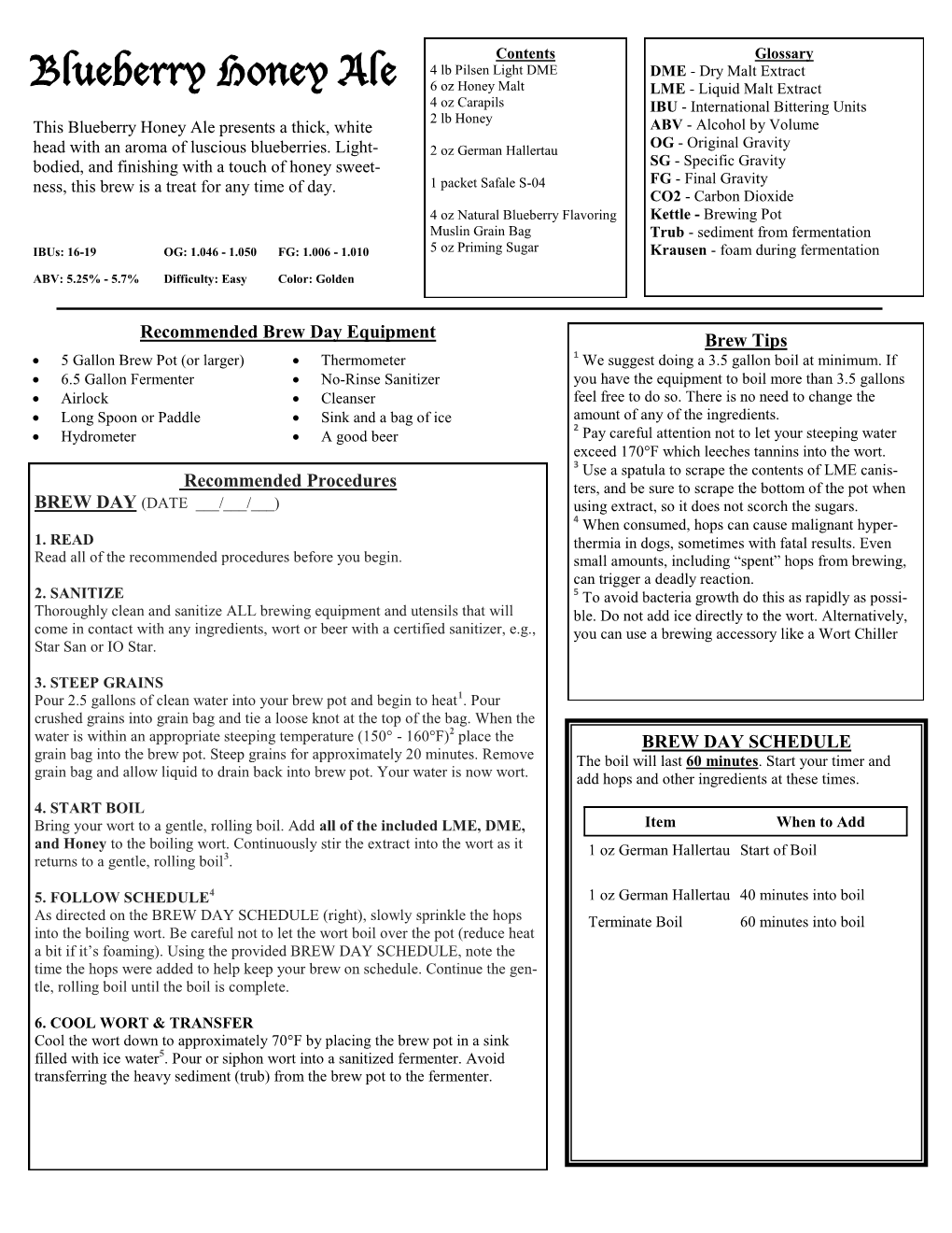 Blueberry Honey Ale – Recipe Sheet