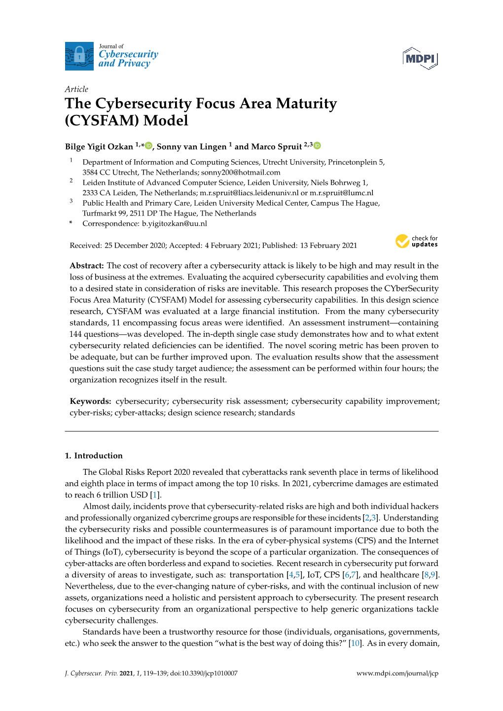 The Cybersecurity Focus Area Maturity (CYSFAM) Model