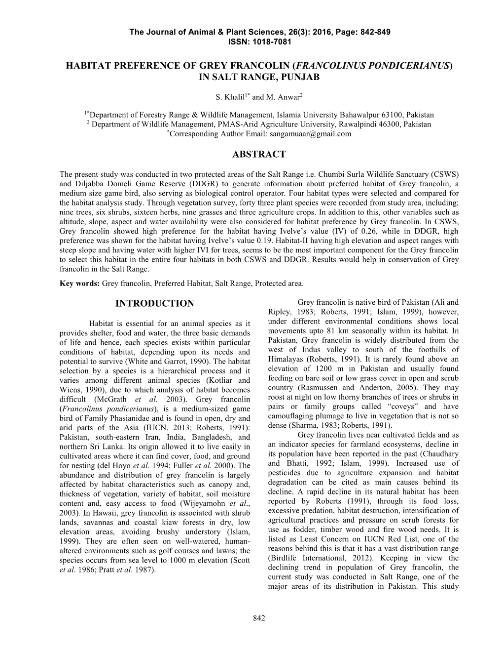 Habitat Preference of Grey Francolin (Francolinus Pondicerianus) in Salt Range, Punjab