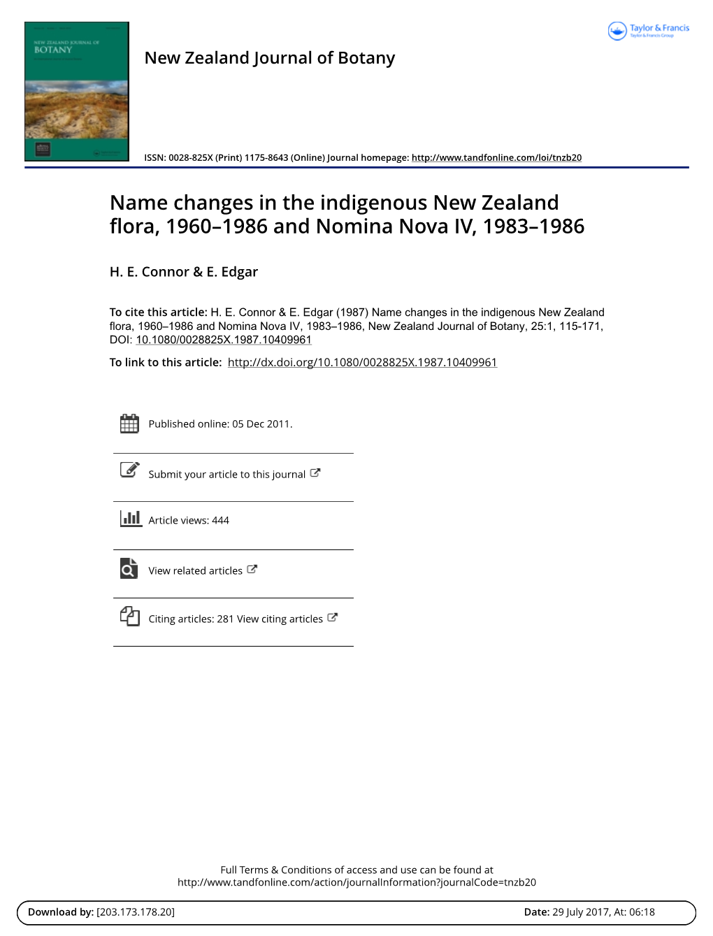Name Changes in the Indigenous New Zealand Flora, 1960–1986 and Nomina Nova IV, 1983–1986