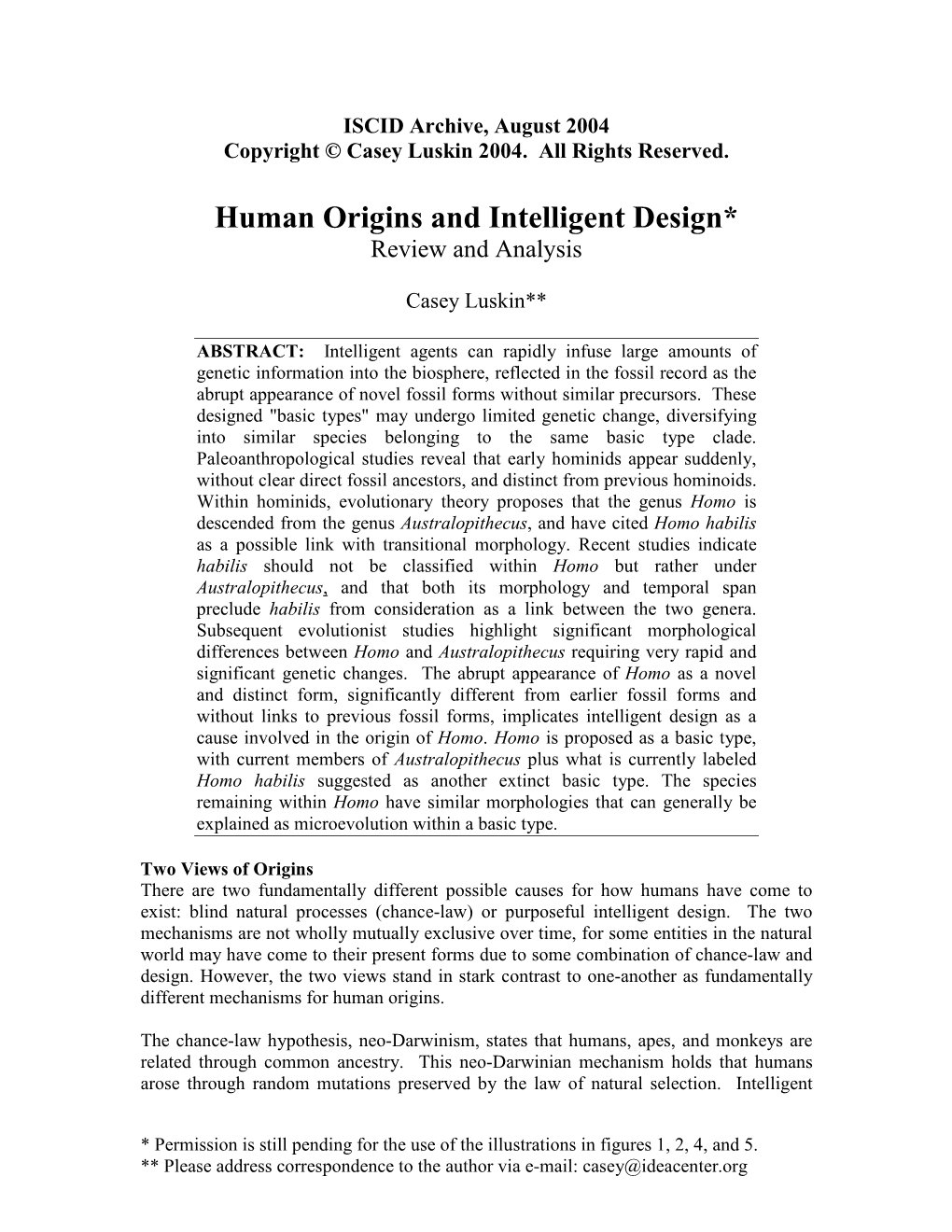 Human Origins and Intelligent Design* Review and Analysis