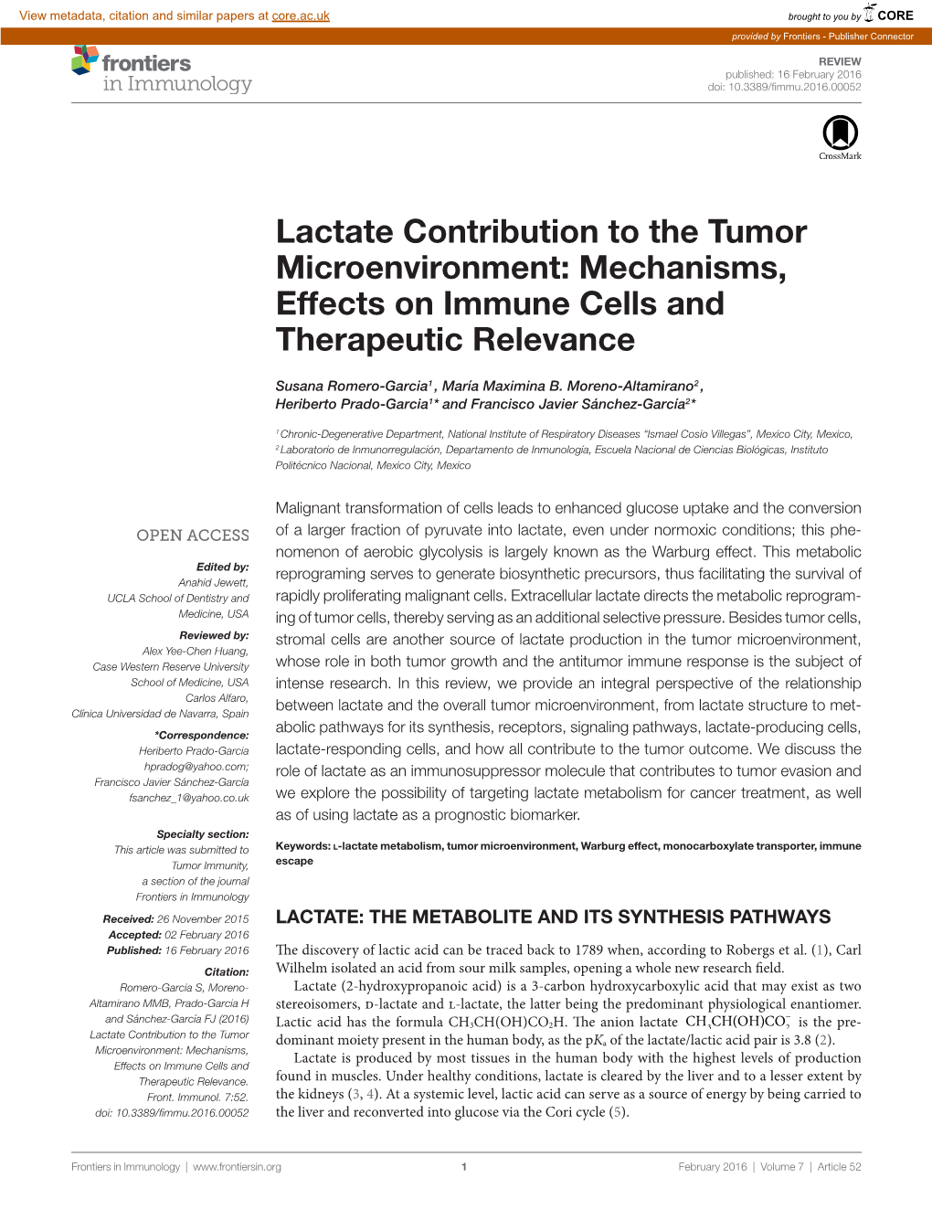 Lactate Contribution to the Tumor Microenvironment: Mechanisms, Effects on Immune Cells and Therapeutic Relevance