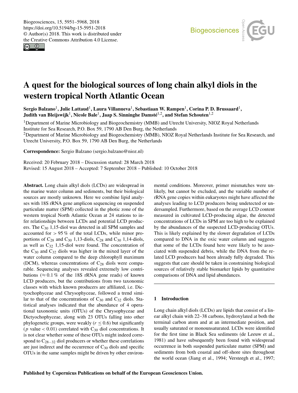 Article Is Available Across the Tropical North Atlantic, Biogeosciences, 15, 1229– Online At