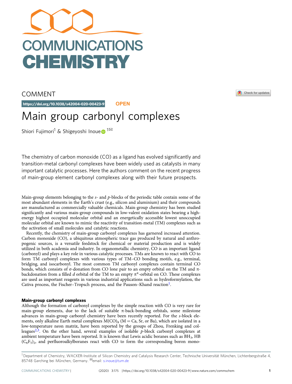 Main Group Carbonyl Complexes ✉ Shiori Fujimori1 & Shigeyoshi Inoue 1