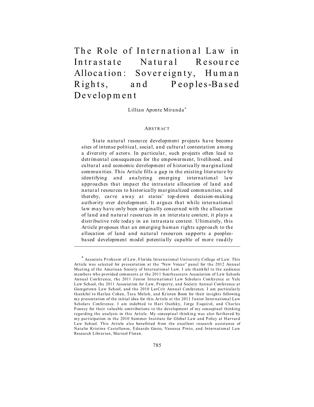 The Role of International Law in Intrastate Natural Resource Allocation: Sovereignty, Human Rights, and Peoples-Based Development