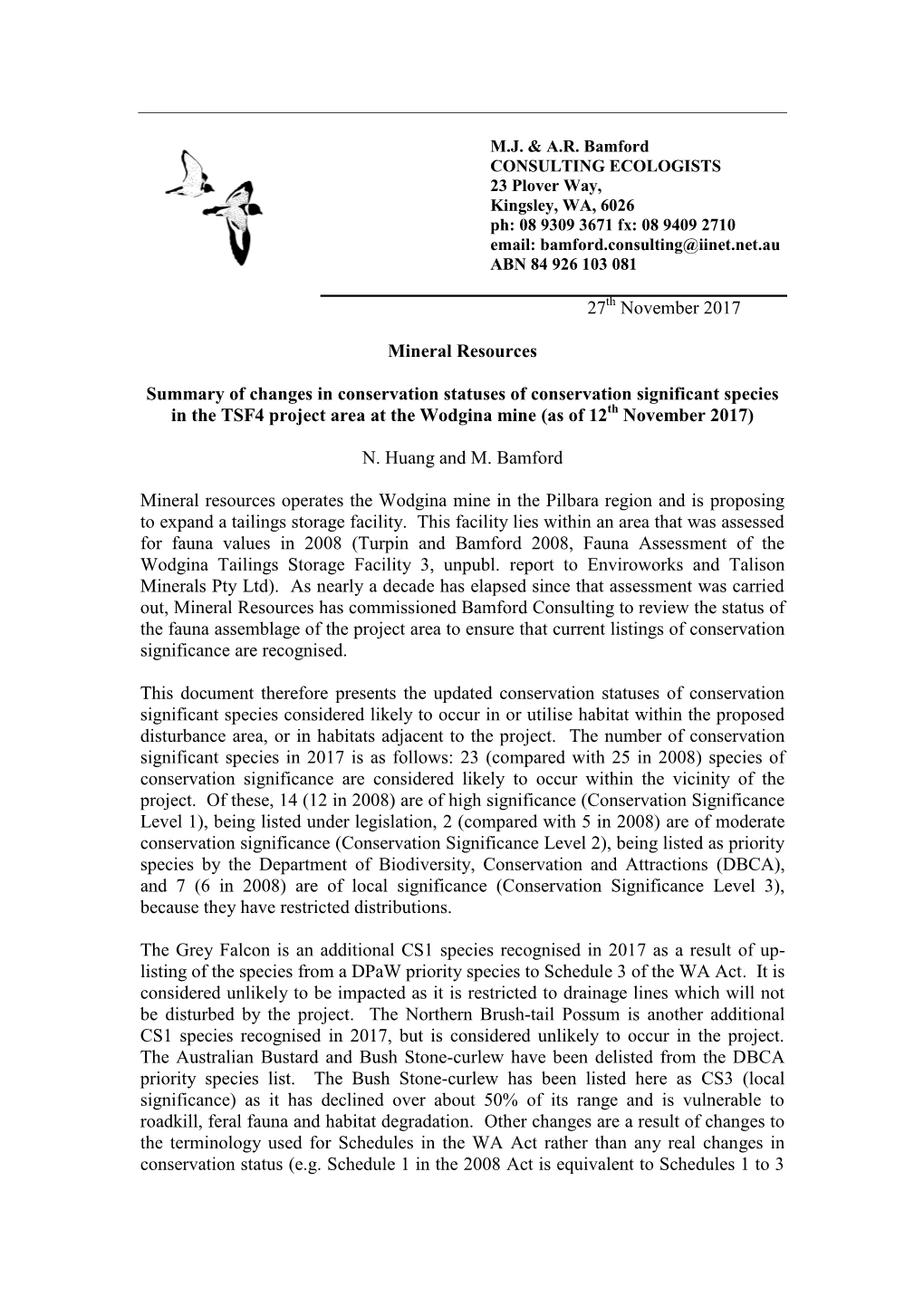 27 November 2017 Mineral Resources Summary of Changes In