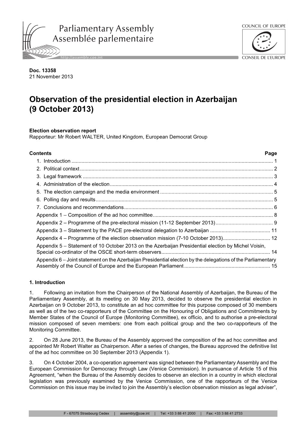 Observation of the Presidential Election in Azerbaijan (9 October 2013)